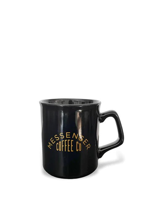 Gold Horn Black Mug: Sleek ceramic coffee mug with gold Messenger Coffee Co logo on glossy black finish, 10 oz capacity