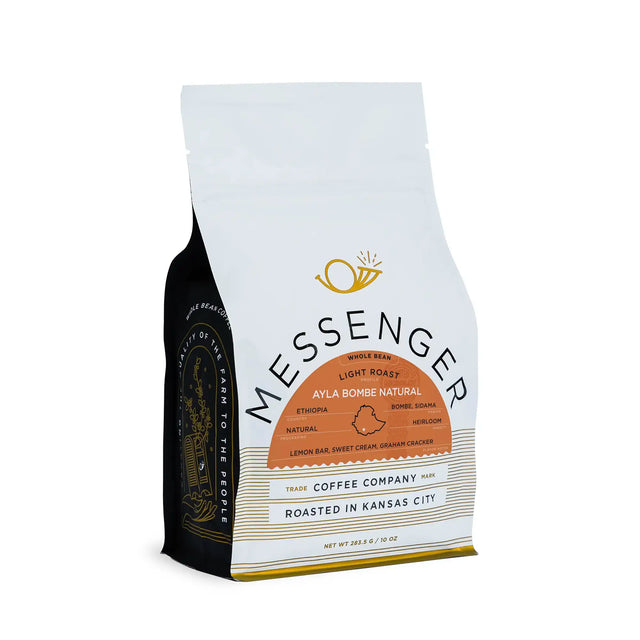 Messenger Coffee Bag with orange label for Ethiopia Ayla Bombe Natural on a white background