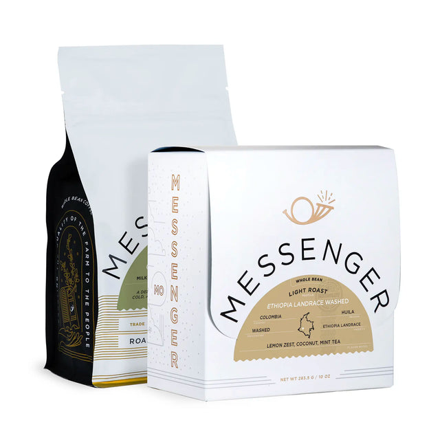 Messenger Coffee Bag and Box on a white background