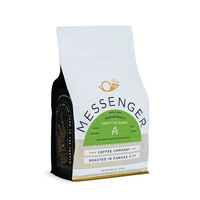 Ability KC Blend Bag with Green Label by Messenger Coffee on a white background