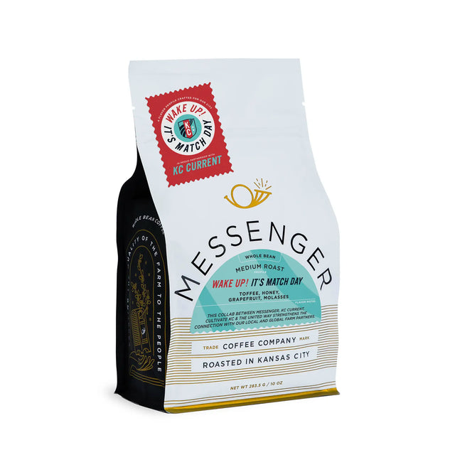 Messenger Coffee Wake Up It's Match Day Coffee Bag on white background