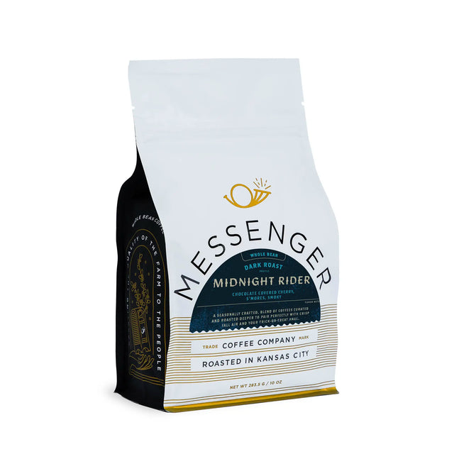 Coffee bag labeled 'Messenger Midnight Rider' on a white background